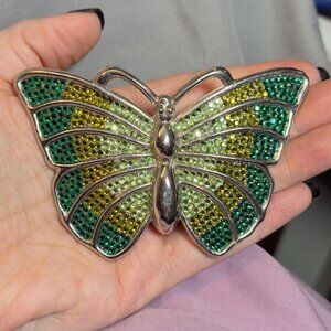 Butterfly Belt Buckle Vintage 80s Green Rhinestone Statement 4"